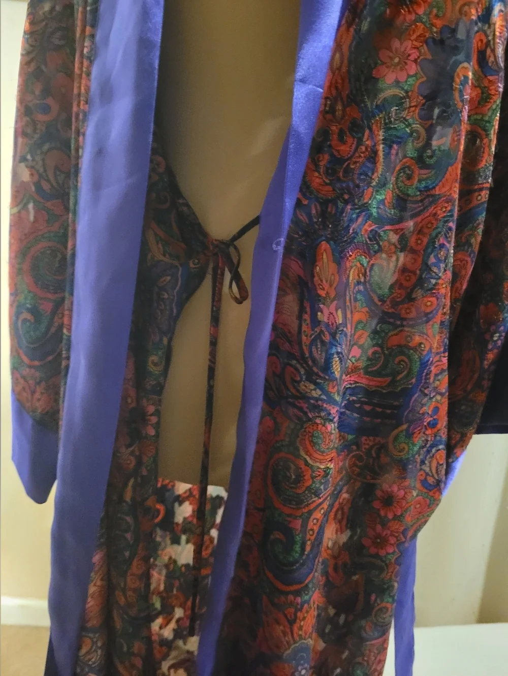 Vtg Victoria's Secret Gold Label Jewel Tone Purple Paisley Satin Maxi Robe OS - Picture 6 of 15